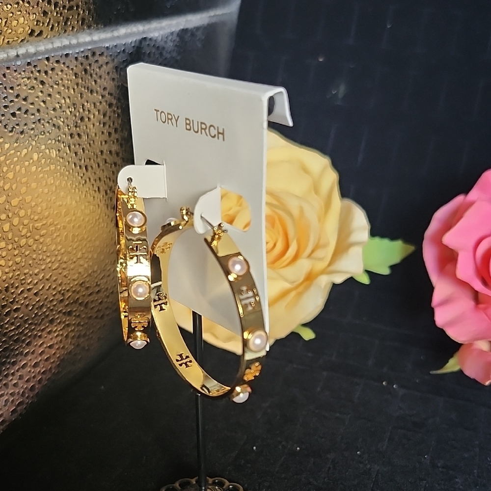 Tory Burch Gold Hoops with Pearl Accents - Picture 2 of 10